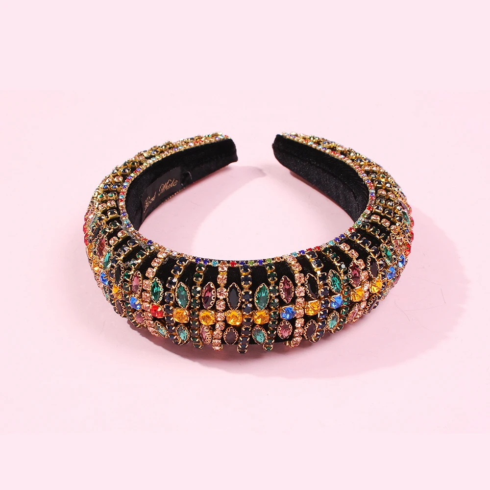 

Women Baroque Headband D Wide Brim Retro Color Rhinestone Headband Thick Sponge Head Hoop Luxury Hair Accessories