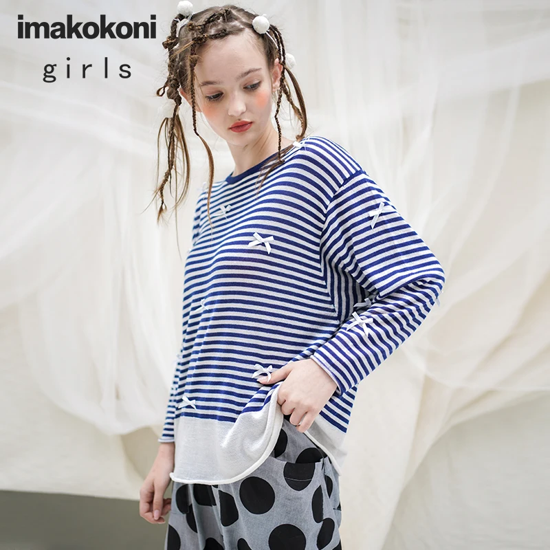 Тонкая Толстовка imakokoni в сине белую полоску оригинальный дизайн простое весеннее