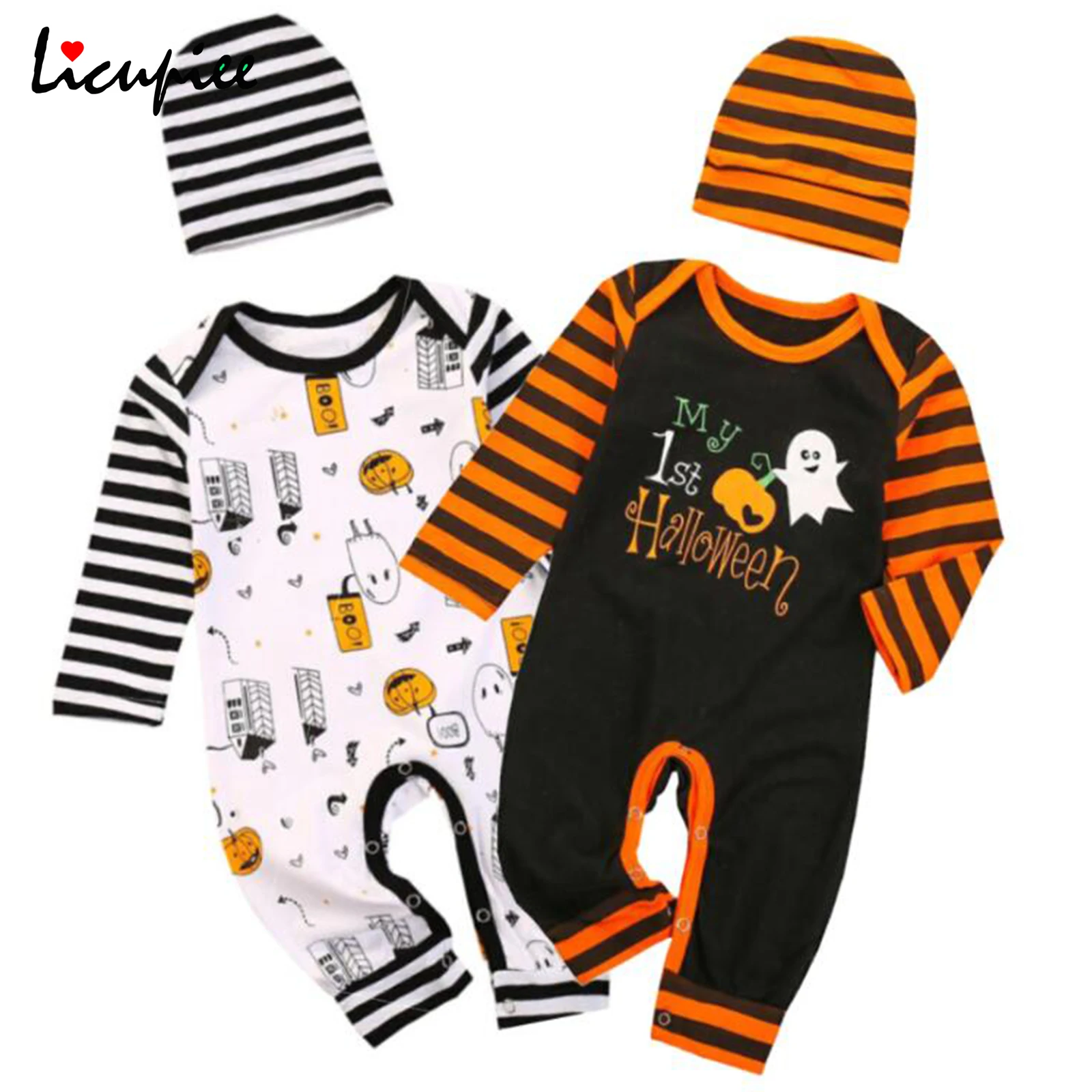 

0-24 Months Halloween 2pcs Baby Halloween Outfit, Cartoon Ghost Stripe Long Sleeves Romper + Hat for Toddler Girls Boys