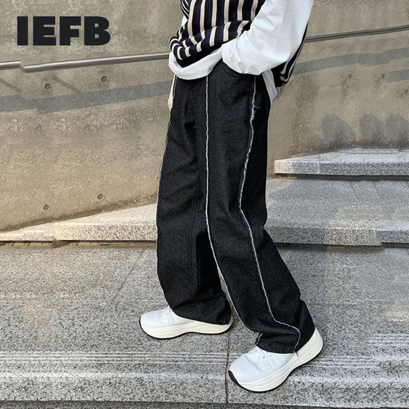 

IEFB 2021 Autumn New Korean Design Straight Loose Casual Black Jeans Vintage Raw Edge Denim Trousers Loose Wide Leg Pants 9Y5735