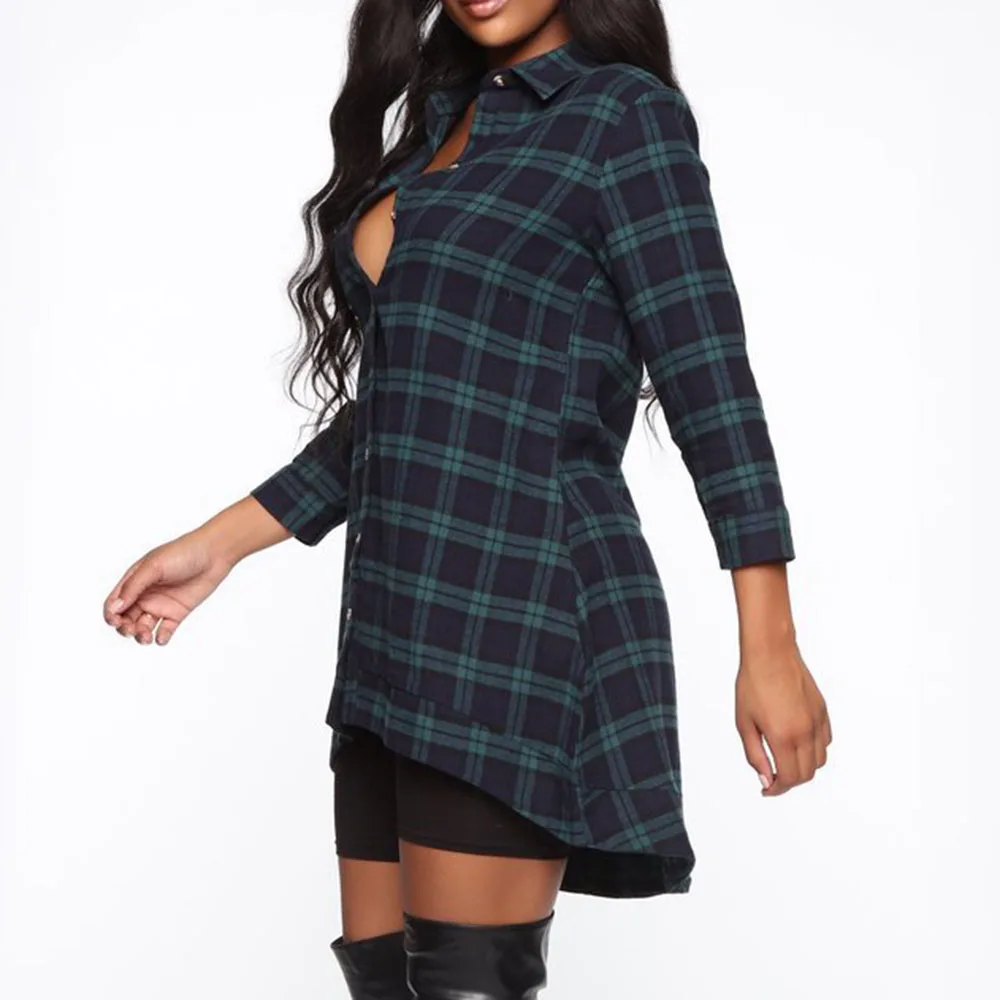 Повседневная Зеленая клетчатая блузка женские асимметричные топы большие
