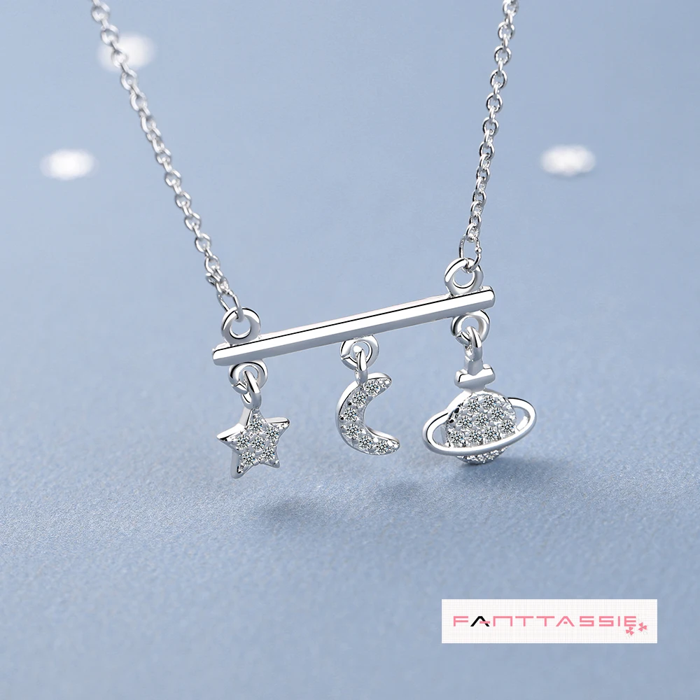 

Fashion Women's S925 Silver Plated Platinum Mori Zircon Parallel Planet Moon Pendant Personalized Necklace DZ543