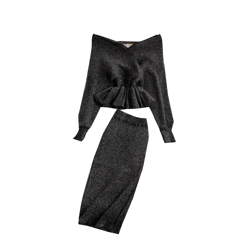 

women outfits 2020 auttmn korean fashion ladies clothes v neck long sleeve top knitted and warp skirt two-piece two piece set