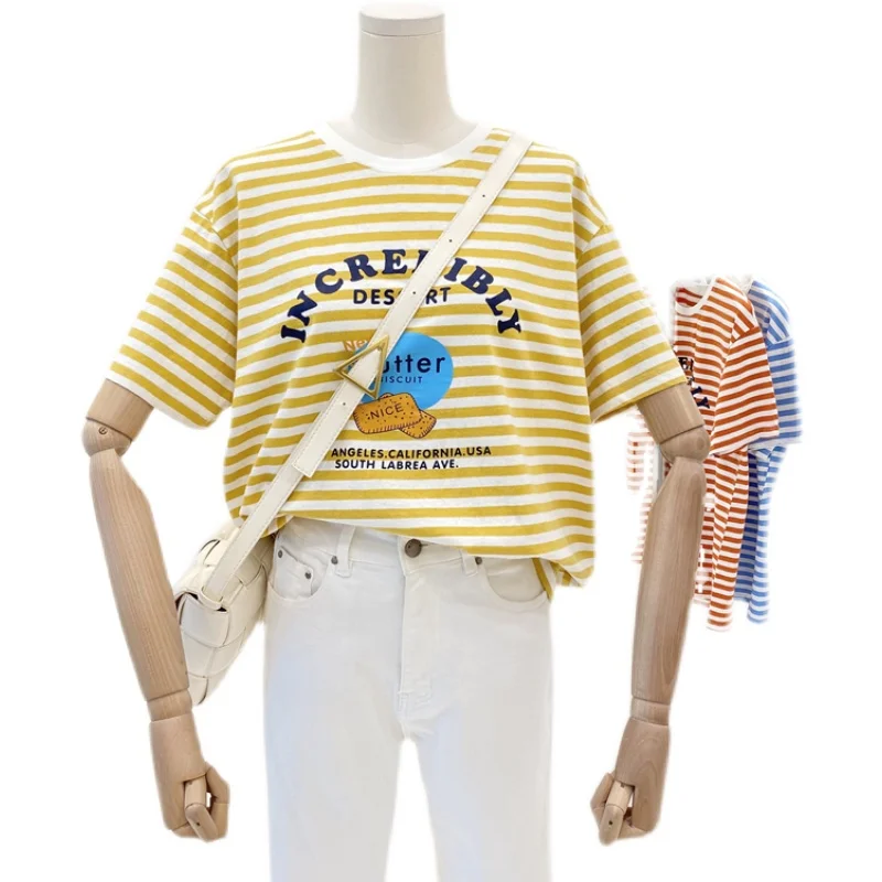 

2021 Summer New Cotton Striped Short Sleeve Letter Print Loose Washed-out Casual Student Top Fashion T-shirt for Women