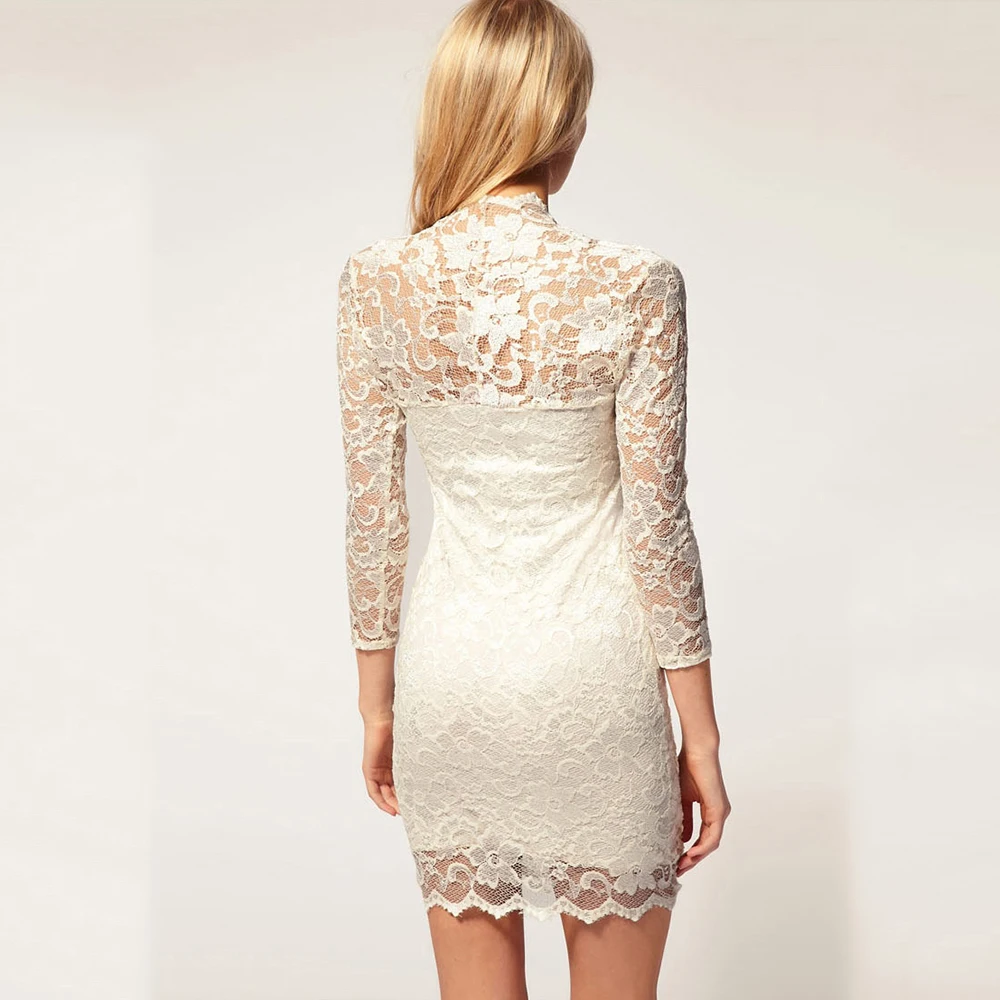 

New Lace Patchwork Elegant Dress Women V Neck Long Sleeve Bodycon Summer Autumn Dress Ladies Sexy Hollow Evening Party Dress