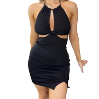 women summer sexy halter neck backless bodycon mini dress ruched hollow out front package hip solid color party clubwear