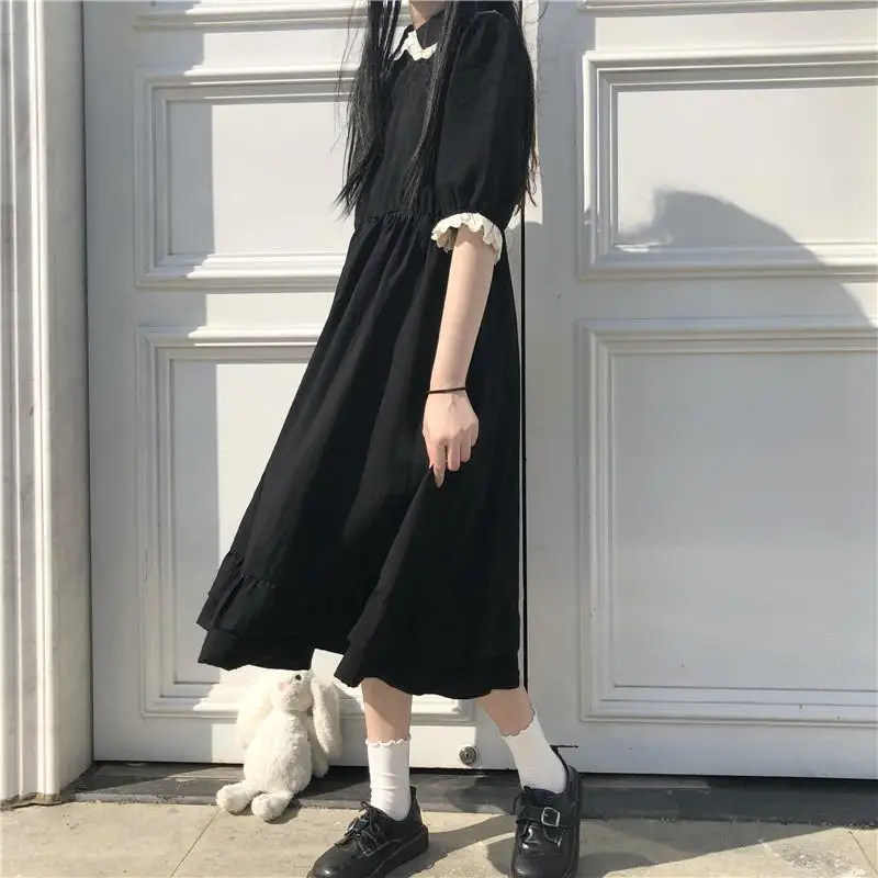

HOUZHOU Summer Dress Sweet Kawaii Lace Ruffles Dress Woman Cute Short Sleeve Black Japanese Preppy Style Vintage Sundress