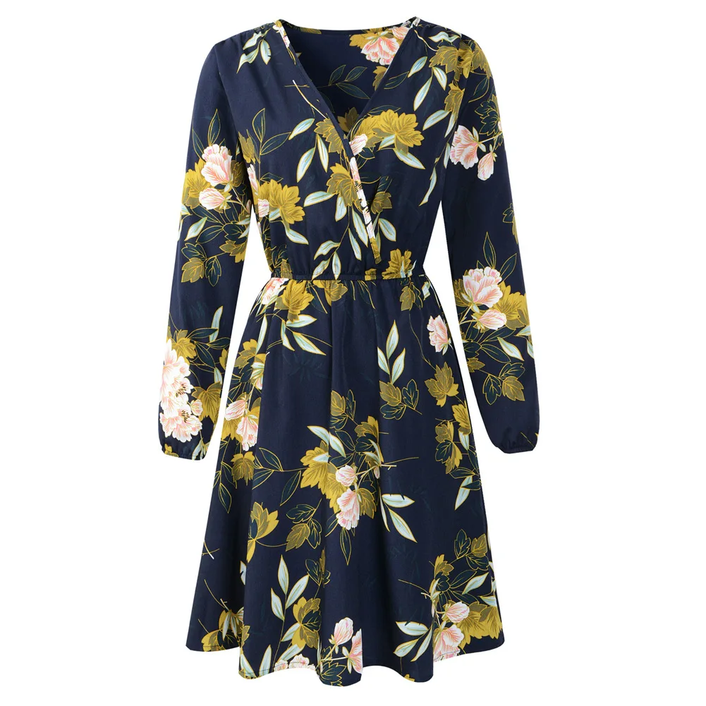 

Long Sleeve Women Dress Winter Fashion A-line Chiffon 2021 Fall Country Style Office Lady Print Empire Sexy V-neck Woman Dresses