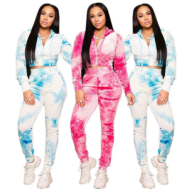 

WomenTwo Piece Tracksuit Set Autumn Casual Sportswear Tie Dyeing Suit Long Sleeve Coat+Pants Trousers