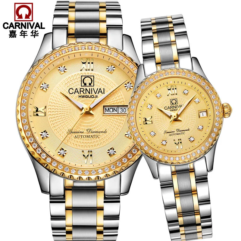 Fashion Couple Watch Switzerland Brand CARNIVAL Dress Automatic Mechanical Watches Sapphire Calendar Best Couple Gift For Lovers