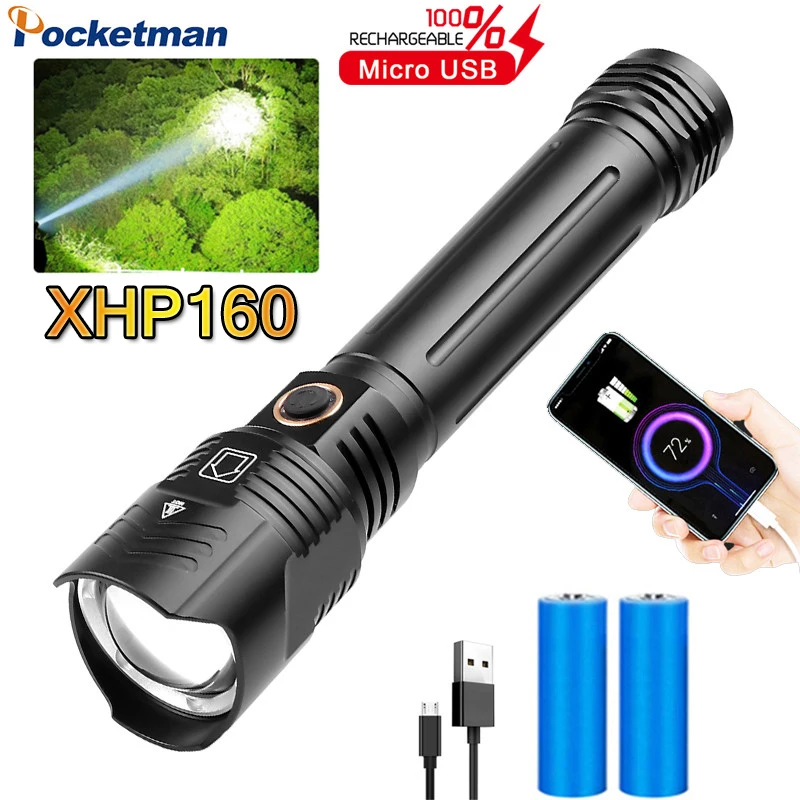

Светодиодный фонарик Pocketman XHP160, водонепроницаемый перезаряжаемый USB фонарь с фокусировкой, рабосветильник для кемпинга, 900 люмен