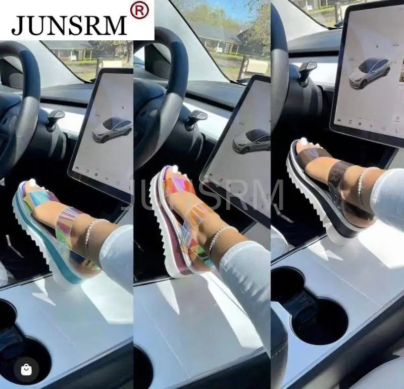 

Reflective Dazzling Clear Ankle Strap Women Sandals Women's Fashion Thick Bottom Platform Shoes Ladies Wedges Footwear 2021 NEW