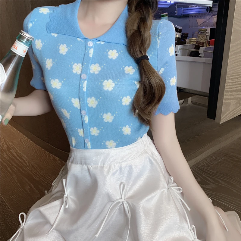 

paragraph sweater thin female cardigan han edition polo collar design feeling short-sleeved summer cultivate one's morality