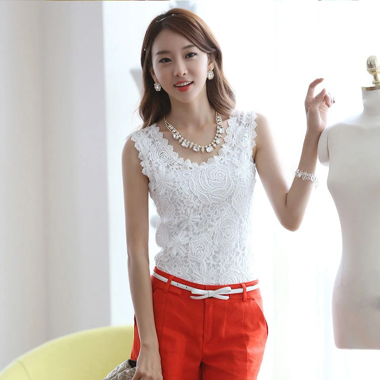 Элегантная женская кружевная блузка без рукавов из хлопка топы белого цвета