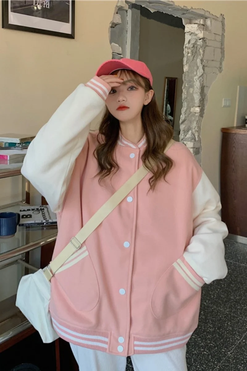 

Pink Baseball Jacket Women's 2021 New Spring Bomber Jacket Coat Ins Harajuku Student Ins Baseball Uniform Loose BF Patchwork