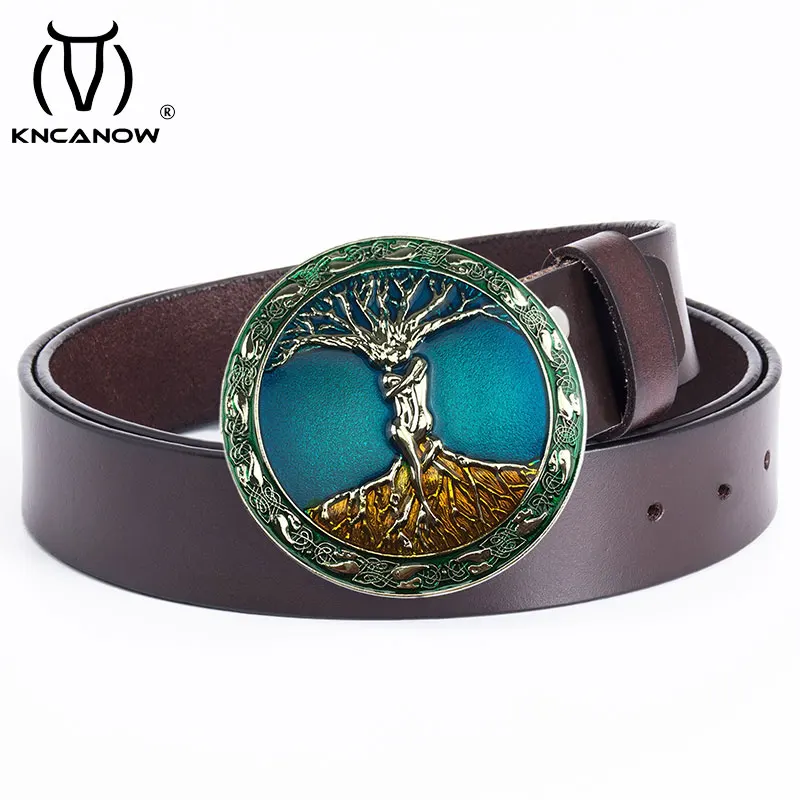 The New Classic Retro Fashion All-Match Genuine Leather Belt Tree of Life Round Buckle Simple Wide Belts For Women Jeans Female