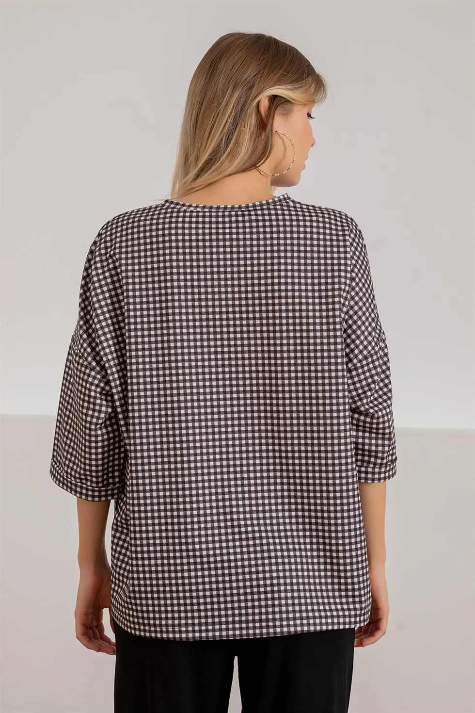 

Gingham Short Sleeve Sweat-BLACK