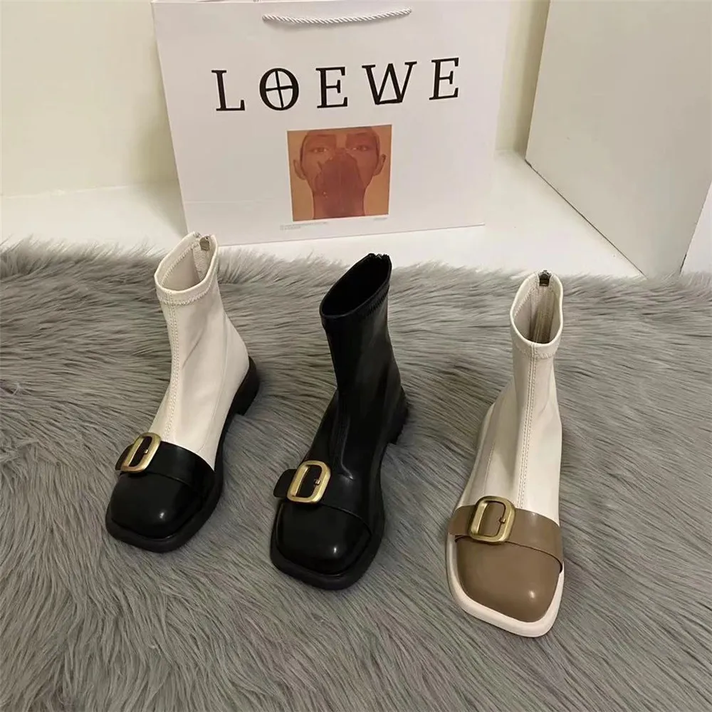 

2021 Winter Women Ankle Boots Designer Brand Buckle Slip On Short Boots Shoes Ladies Low Heel Casual Martin Boots