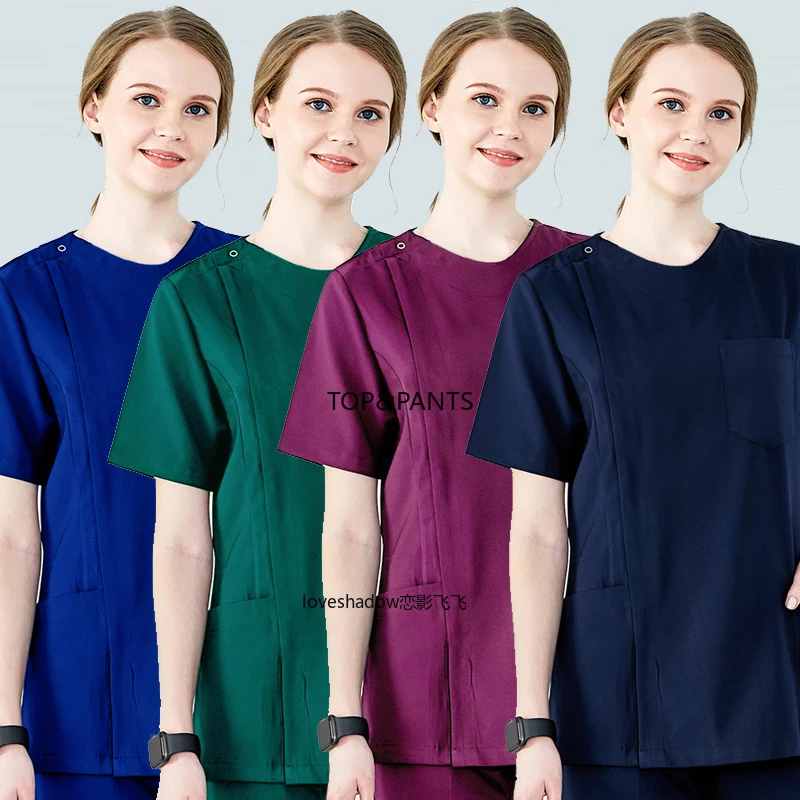 

Women Scrub Set Cotton Zipper Opening Front Uniforms Summer Round Collar Spa Beauty and Health Workwear Clothes Nurse Costume
