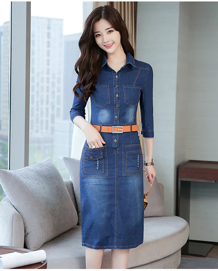 

Free Shipping 2021 Spring And Autumn New Denim Women's Dress Medium Length 7 / s Denim Skirt With Belt Dresses.
