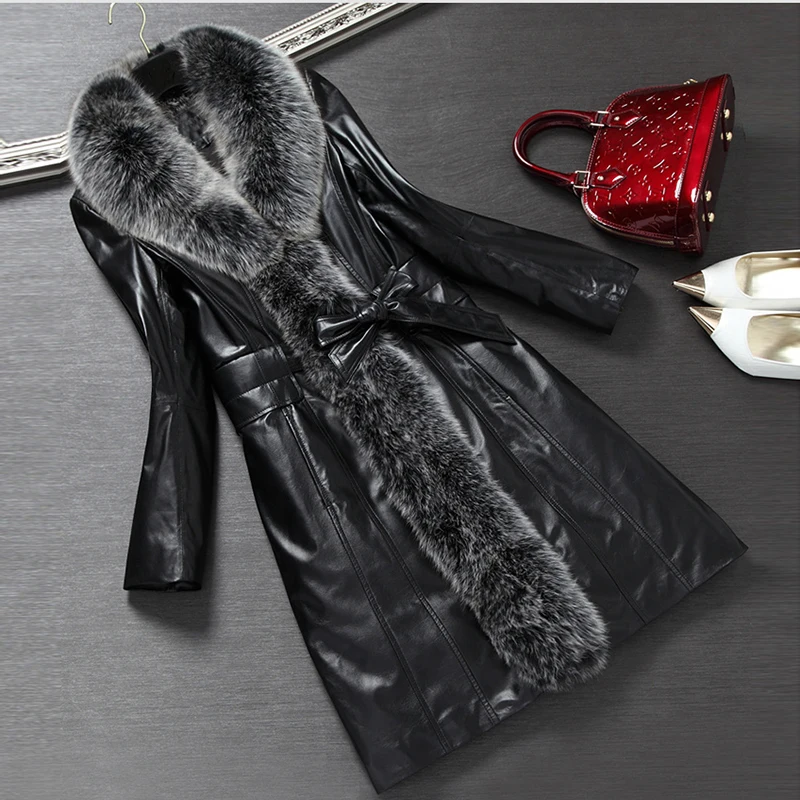 2020 Plus size Fox Fur Collar Genuine Leather Coat Women Winter Outerwear White Duck Down Sheepskin Long Jackets Female OK1118 | Женская