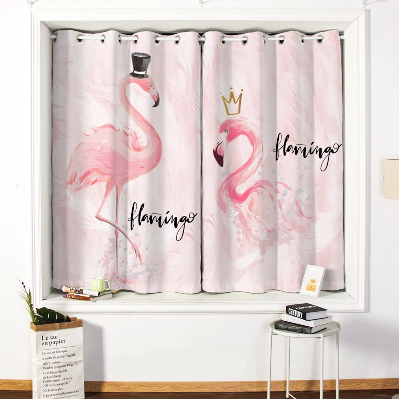 

Flamingo Curtains For Kids No Holes To Install Shade Insulation Curtain For Bedroom Pink тюль Short Curtain of Bay Window