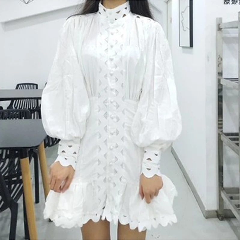 Женское ажурное платье рубашка мини с воротником стойкой рукавами фонариками и
