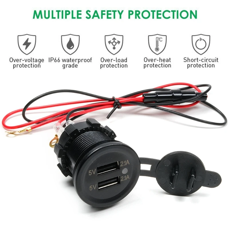 

IP66 Water Proof 12V DC 2 USB Motorcycle Cigarette Lighter Socket Charger Connector and Fuse Converter Plug for Vehicle
