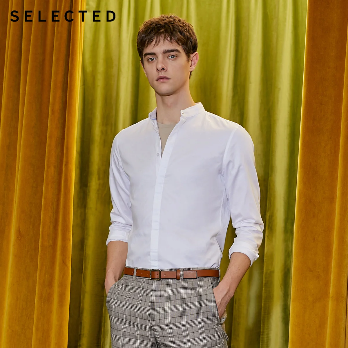 Выбранные Slim Fit 100% хлопок воротник стойка с длинным рукавом рубашка S |