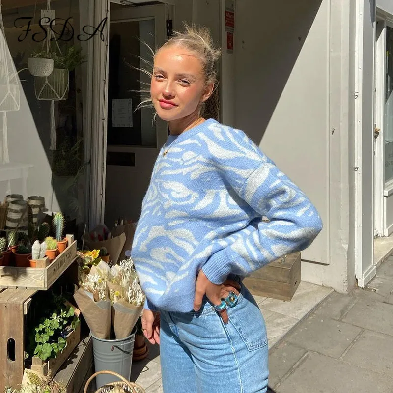 Повседневный синий свитер FSDA сезон осень-зима 2021 топ с круглым вырезом и длинным