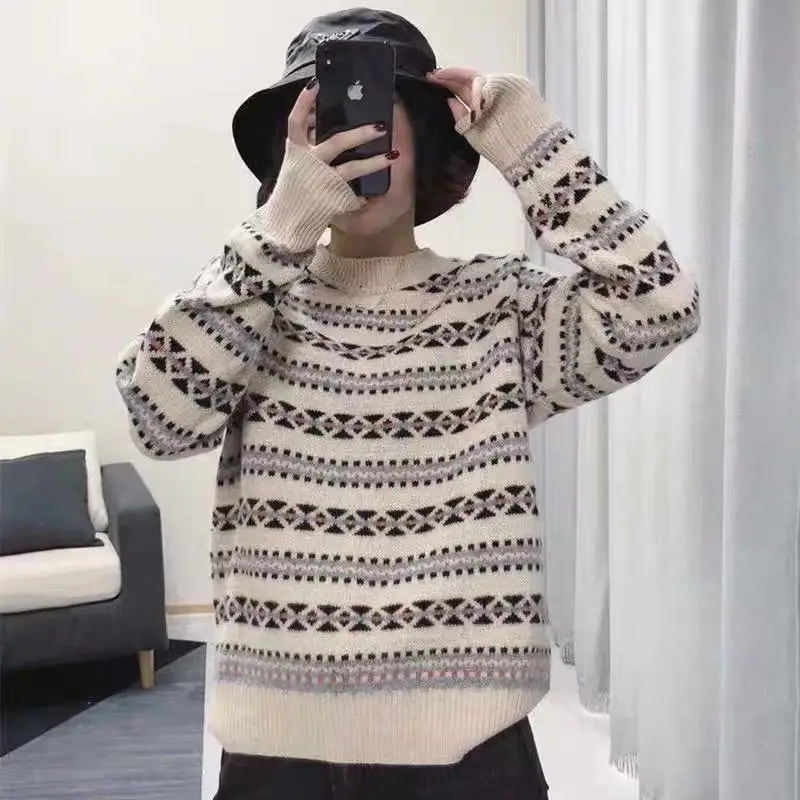 2019 autumn and winter new trend retro printed sweater female students Korean version of the loose striped | Женская одежда