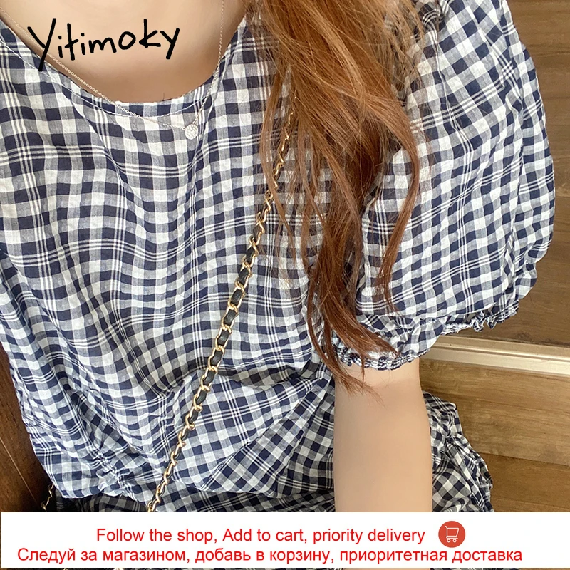 

Yitimoky Vintage Plaid High Waist Dress for Women 2021 Drawstring Lace Up Puff Sleeve O-Neck Summer Clothes Korean Fashion New