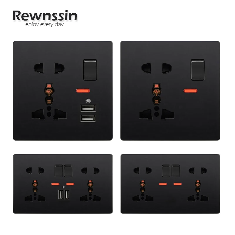 

Rewnssin 5 Pin 13A Одиночная двойная розетка питания, черный пластиковый плоский светодиодный индикатор, два USB-порта 86 146