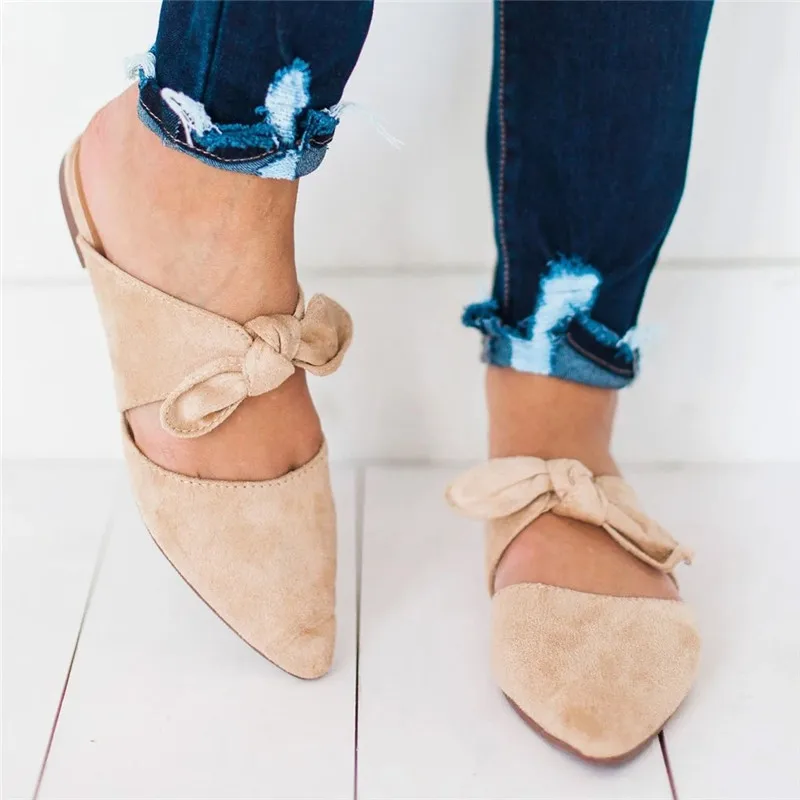 Летние женские сандалии на плоской подошве с бантом однотонные шлепанцы без