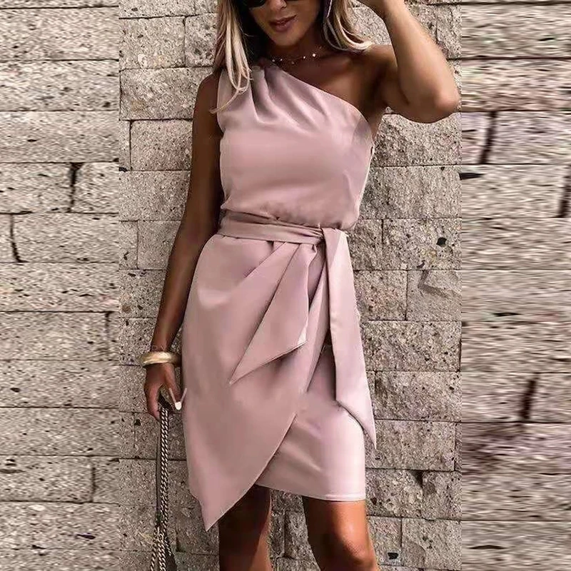 

2021 Spring Elegant One-Shoulder Mini Dress Women Vintage Bow Solid Irregular Party Dress Office Ladies Casual Sleeveless Dress