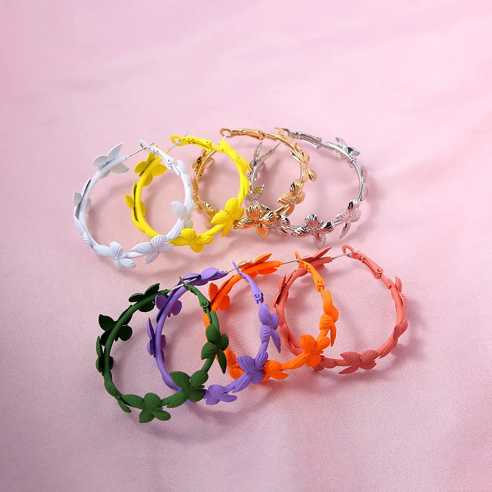 

JUST FEEL Fashion Butterfly Round Big Hoop Earrings for Women Multicolor Metal Circle Geometric Earrings Statement Jewelry Gift