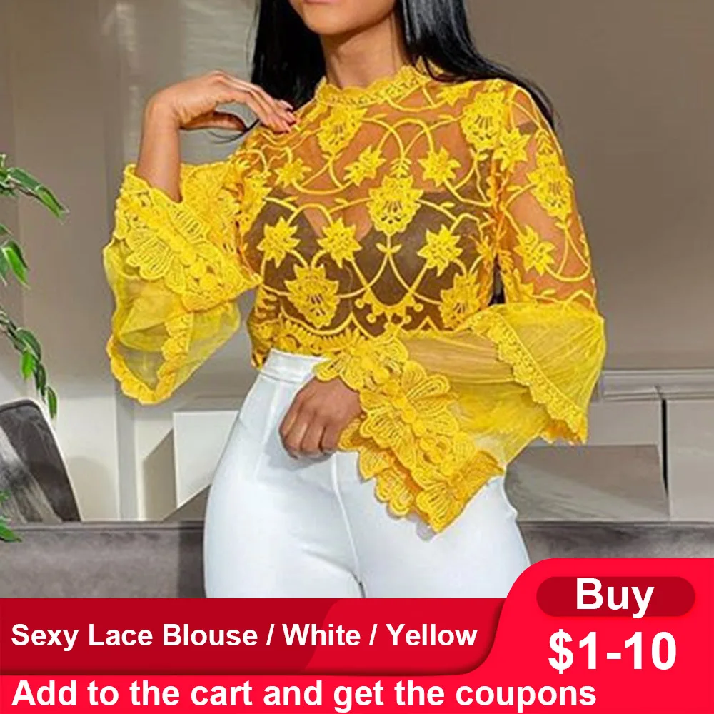 Сексуальная сетчатая желтая блузка прозрачный топ с расширяющимся книзу рукавом