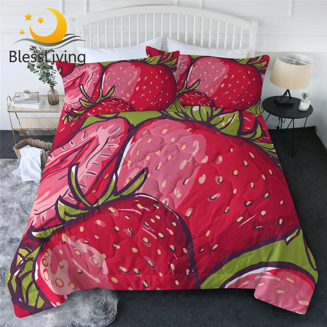 BlessLiving Strawberry Quilt Set Fresh Fruits Thin Comforter Green Leaf Summer Bedding Pink Healthy Food Air-conditioning Duvet 1