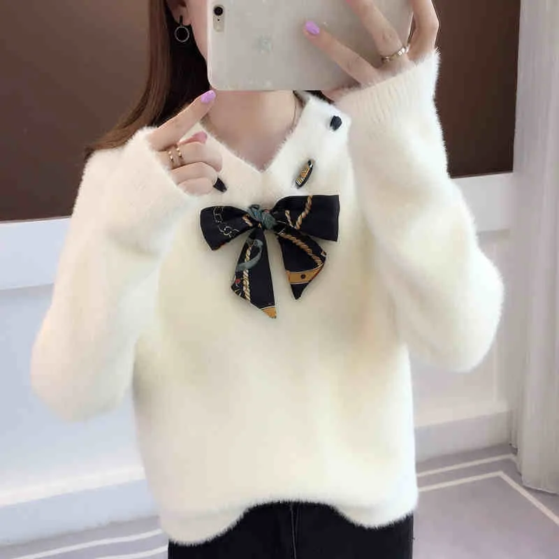 

Sweater Women Winter Fashion Thick Warm Solid Color V-neck Mink Cashmere Pullovers Sweater Casual Bow Jumper Full Female W1354