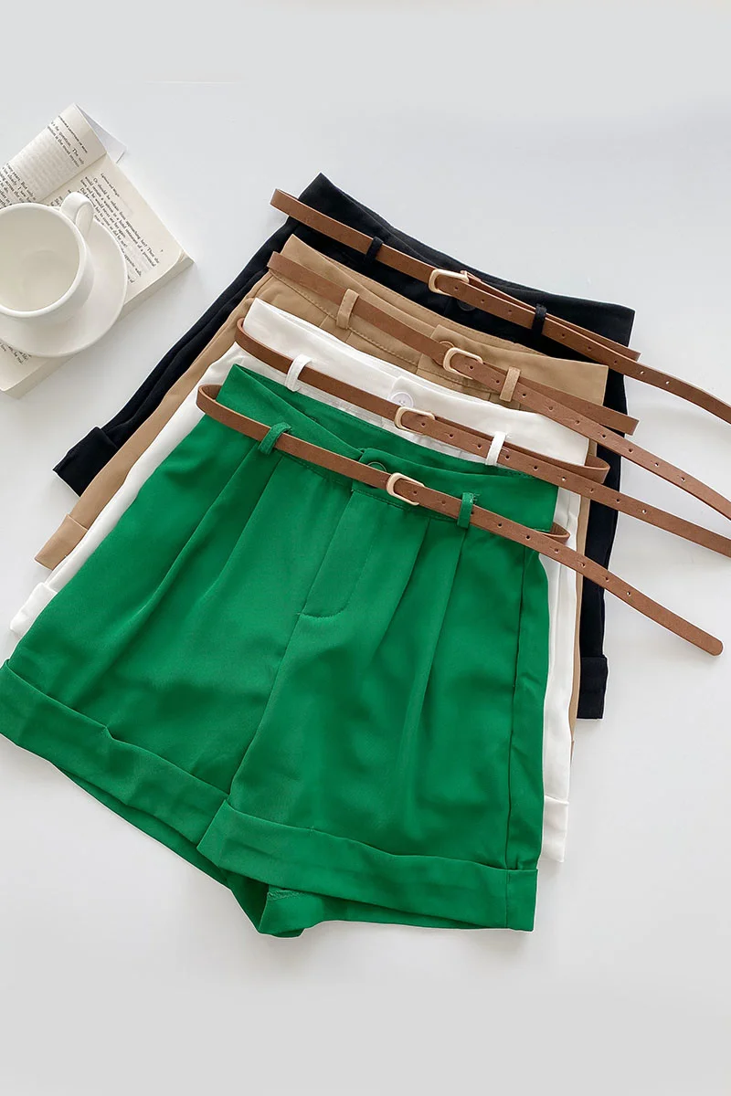 

Green Wid Leg Suit Shorts With Belt Summer High Waist Thin Women Hotpants