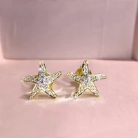 huitan cute see star stud earrings women metal color inlaid shiny cz delicate holiday accessories simple stylish girls jewelry