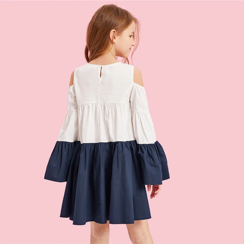 SHEIN Kiddie/многослойное платье с цветным блоком и открытыми плечами для девочек г., Осенний рукав-волан, трапециевидные платья для подростков
