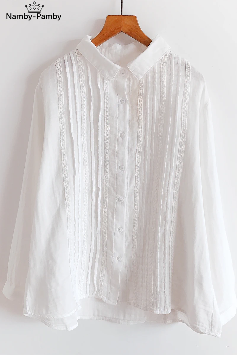 

Spring Autumn Literary Shirt Lace Designs Plait Pure Color Cotton Jacket Lapel Render Unlined Upper Garment Female