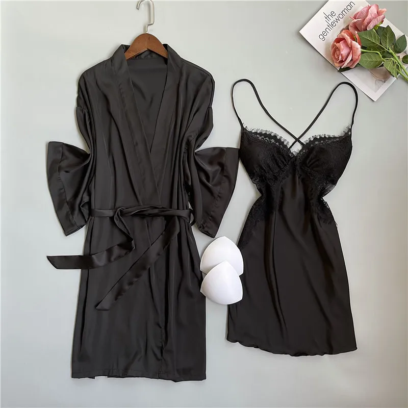 

Rayon Lady 2PCS Nightgown Suit Brial Wedding Robe Set Women Satin LOOSE Kimono Bathrobe Gown Sexy V-Neck Bridesmaid Sleepwear