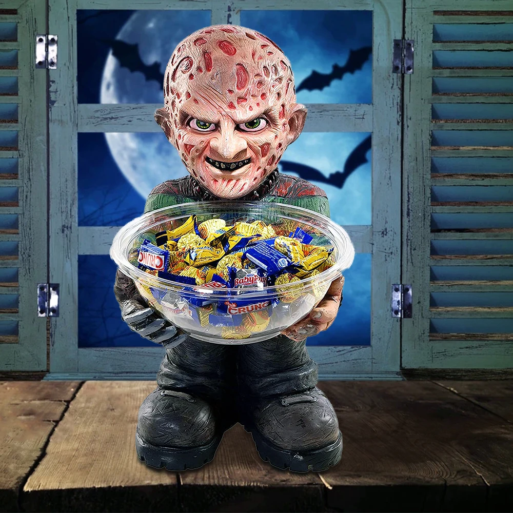 

Horror Movie Dwarf Statue Halloween Nightmare Gnomes Figurines Trick and Treat Clown Toys Statue with Candy Bowl Holder
