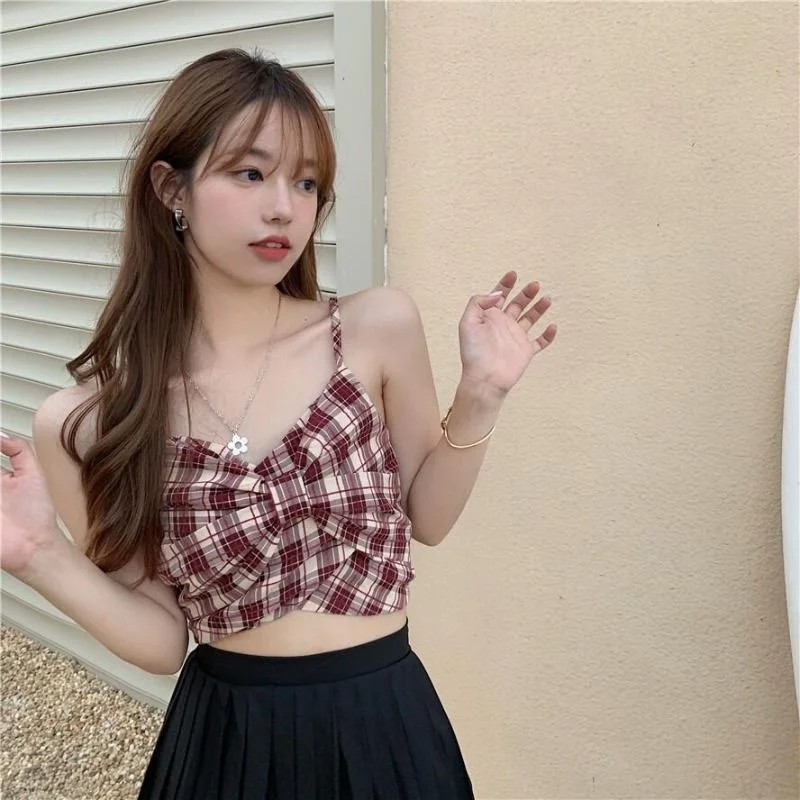 

Suspender Vest Women's Summer French Plaid Top Suspender Vest French Small Fresh Bow Short Tight Hot Girl Plaid Top