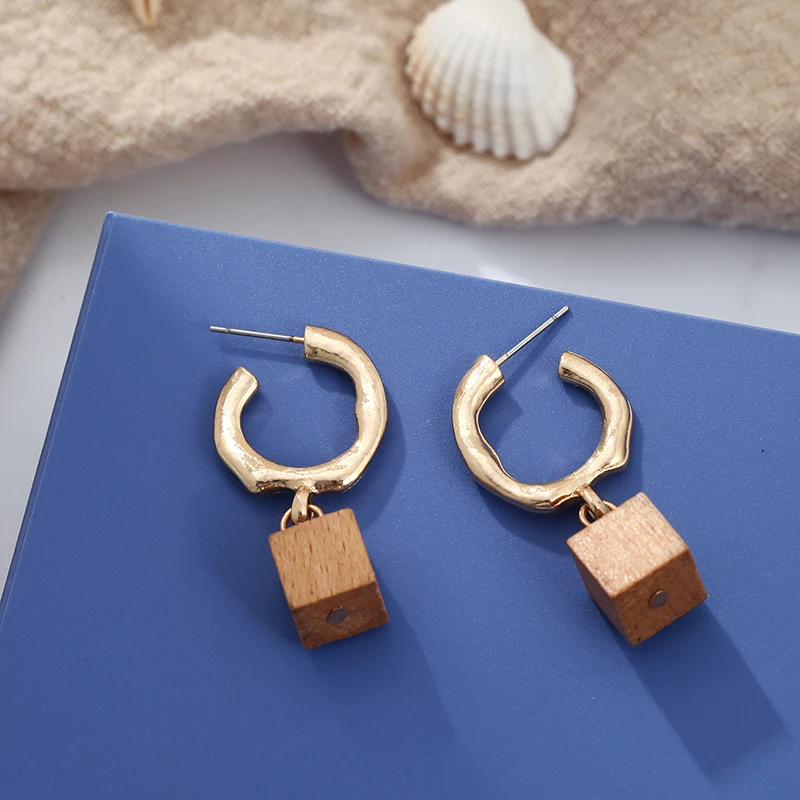 Новинка 2019 корейские массивные квадратные деревянные серьги геометрические