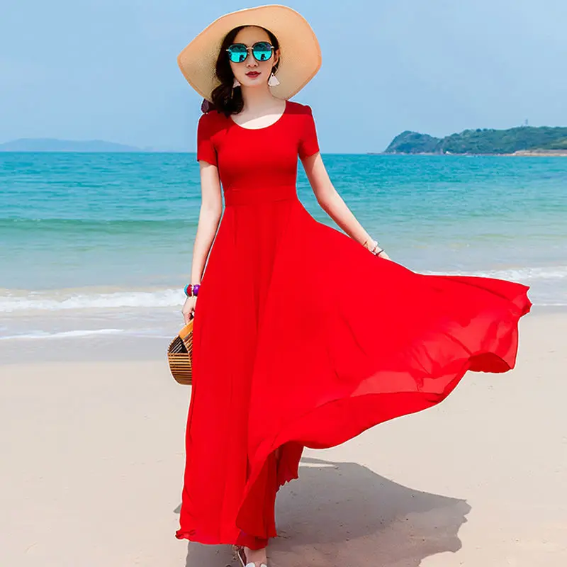 

Plus Size Women Summer Bohemia Long Dress Fashion O-Neck Beach Holiday Ruffles Dress Solid Short Sleeve Casual Party Vestidos