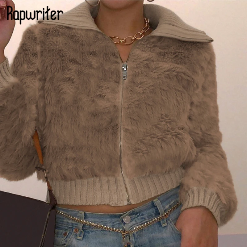 

Rapwriter Vintage Brown Crop Top Casual Fur Patched Jacket Winter Wram Long Sleeve Outwear Harajuku Streetwear Women Clothing