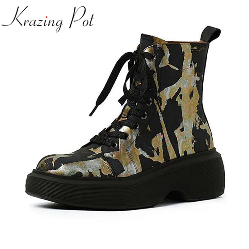 

Vichelo Hot cow leather round toe patterns punk boots cross-tied keep warm high heels prints leather thick bottom ankle boots